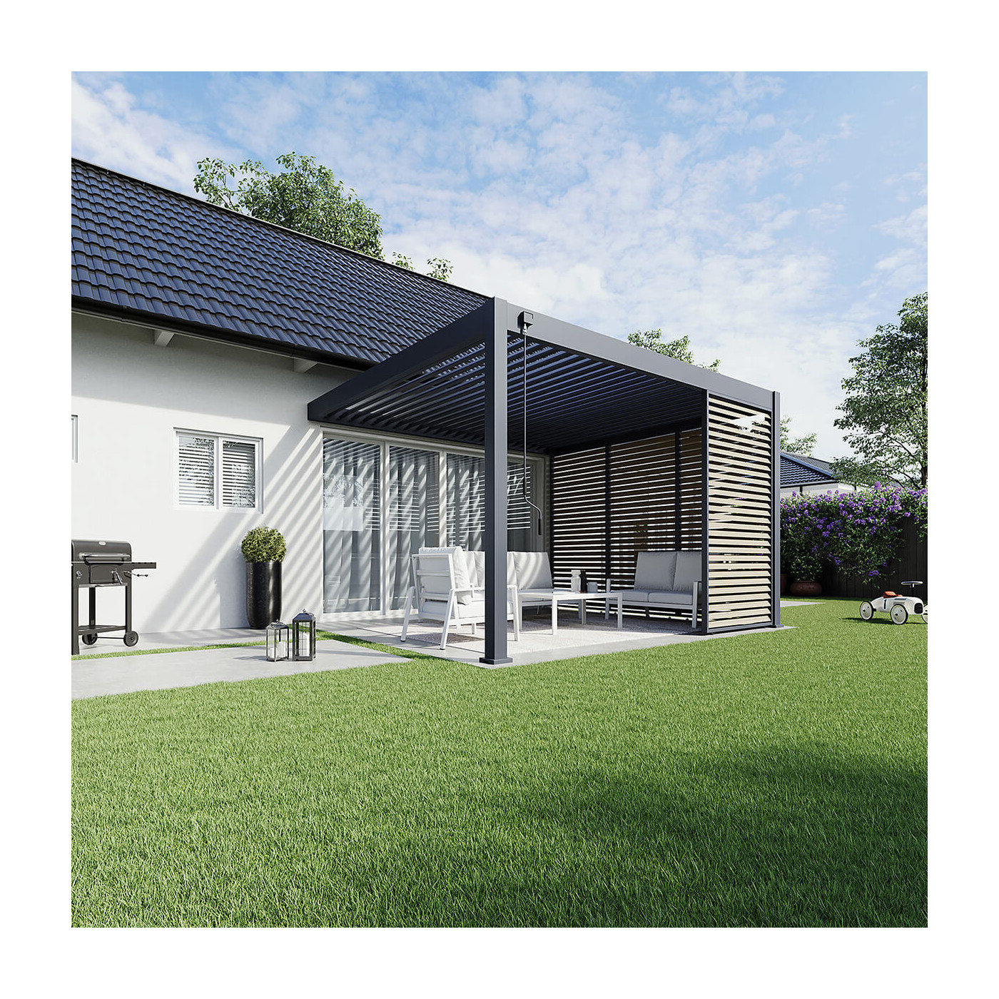 Rysunek techniczny pergoli tarasowej Deluxe Wall 3.6x4 w kolorze antracytowym z wymiarami.