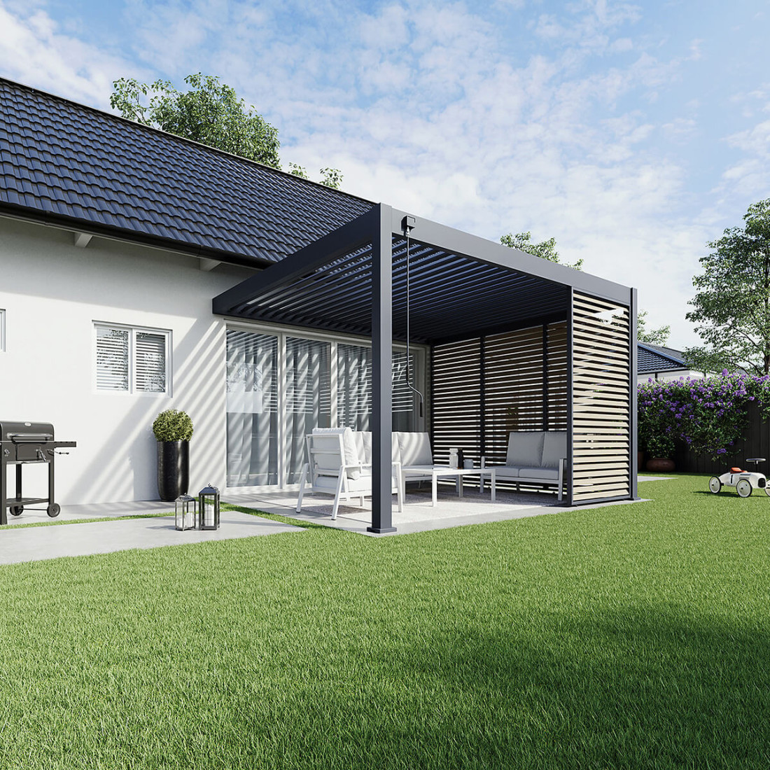 Rysunek techniczny pergoli tarasowej Deluxe Wall 3.6x4 w kolorze antracytowym z wymiarami.