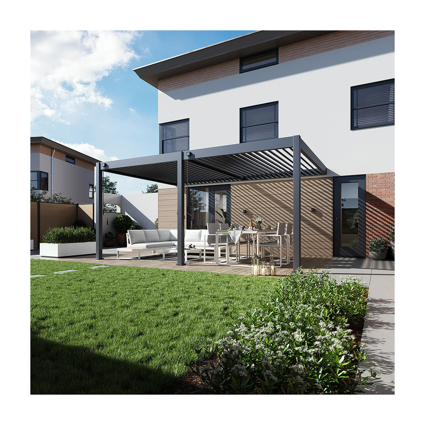 Pergola tarasowa DELUXE WALL 3.6x5.3 w kolorze antracytowym wkomponowana w przestrzeń tarasu przed nowoczesnym domem.