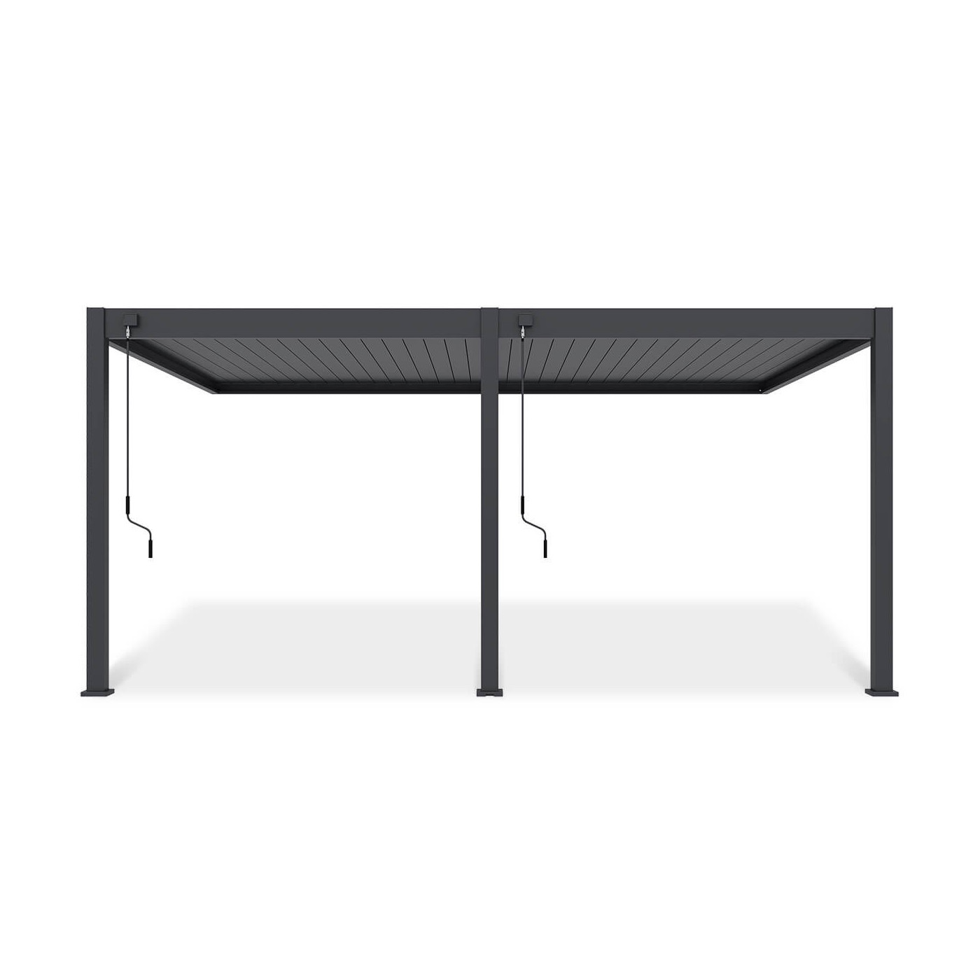 Pergola tarasowa DELUXE WALL 3.6x5.3 w aranżacji przed domem, widziana z frontu.