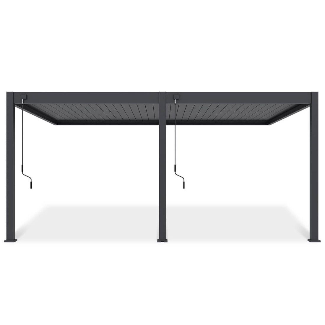 Pergola tarasowa DELUXE WALL 3.6x5.3 w aranżacji przed domem, widziana z frontu.