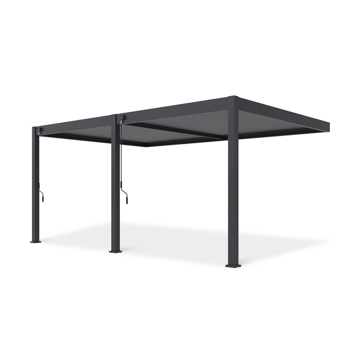 Frontowy widok pergoli tarasowej DELUXE WALL 3.6x5.3 w kolorze antracytowym na białym tle.