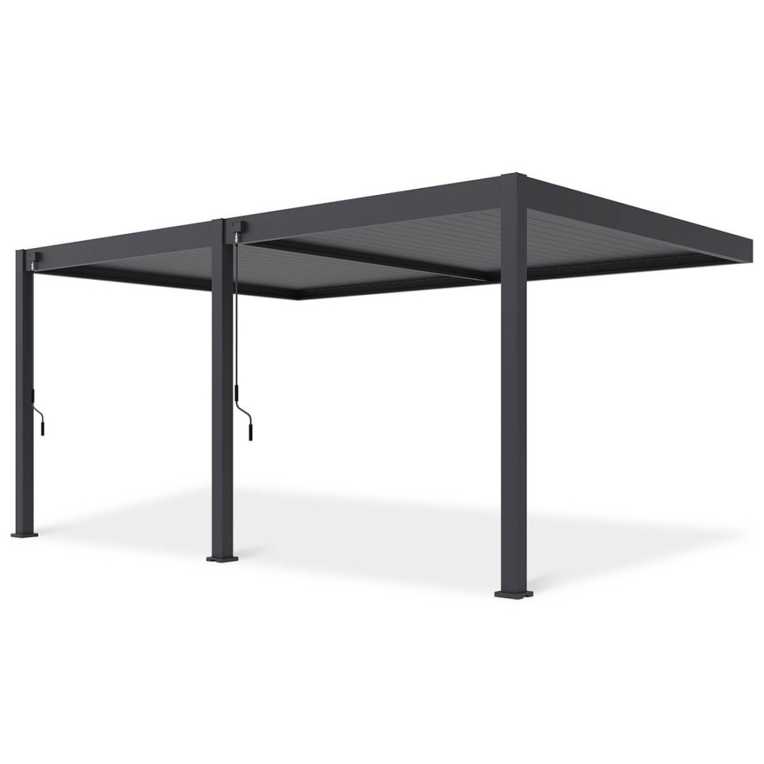 Frontowy widok pergoli tarasowej DELUXE WALL 3.6x5.3 w kolorze antracytowym na białym tle.