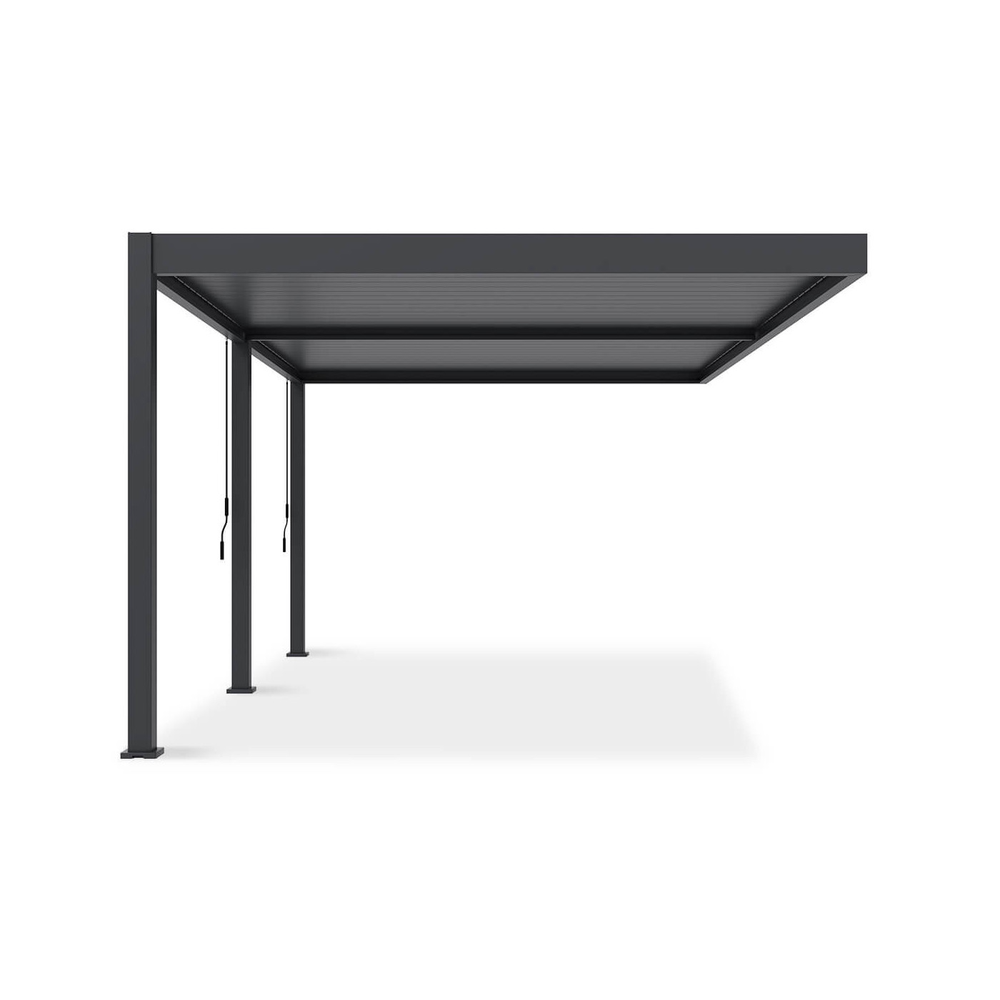 Widok pergoli tarasowej DELUXE WALL 3.6x5.3 w kolorze antracytowym z boku, na neutralnym tle.