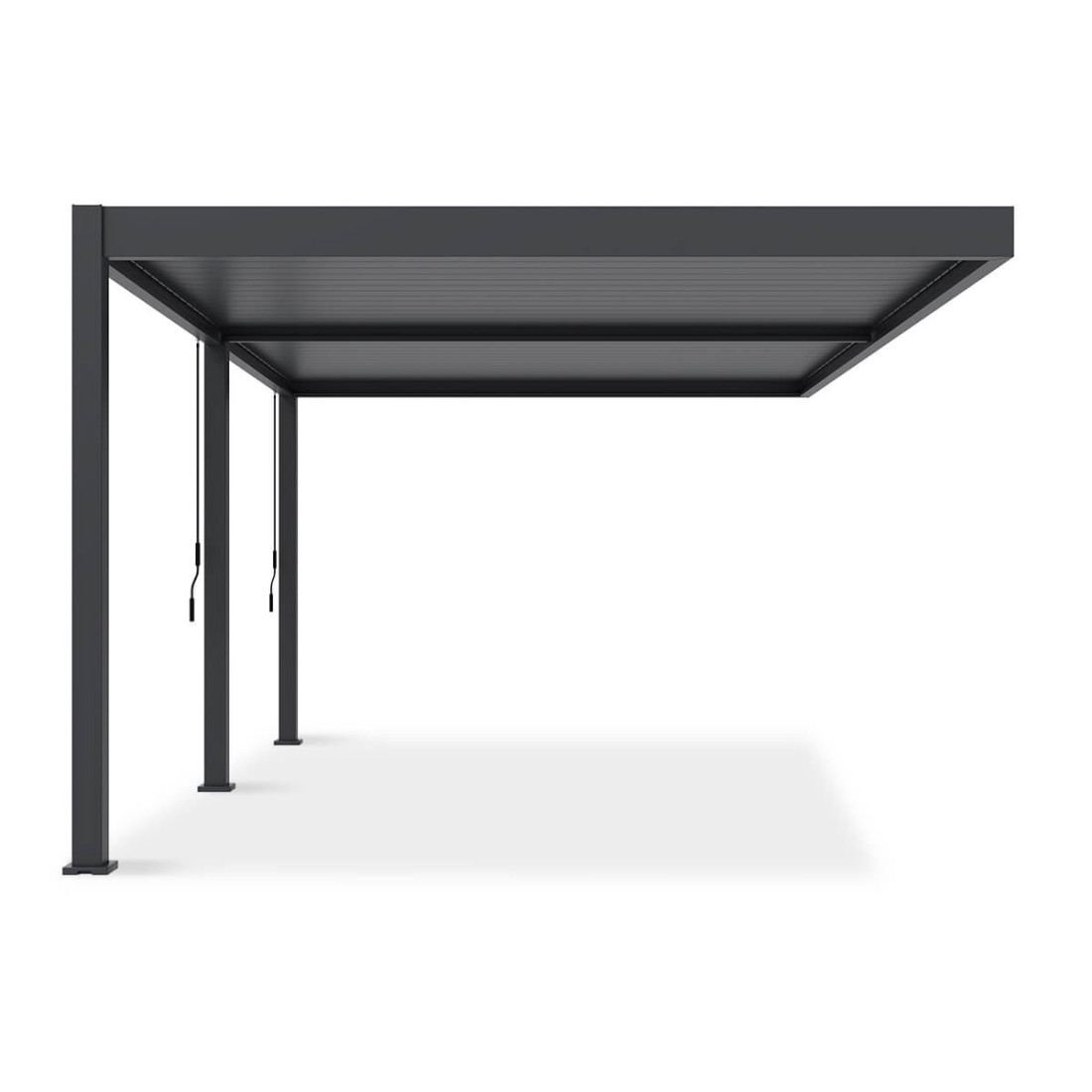 Widok pergoli tarasowej DELUXE WALL 3.6x5.3 w kolorze antracytowym z boku, na neutralnym tle.