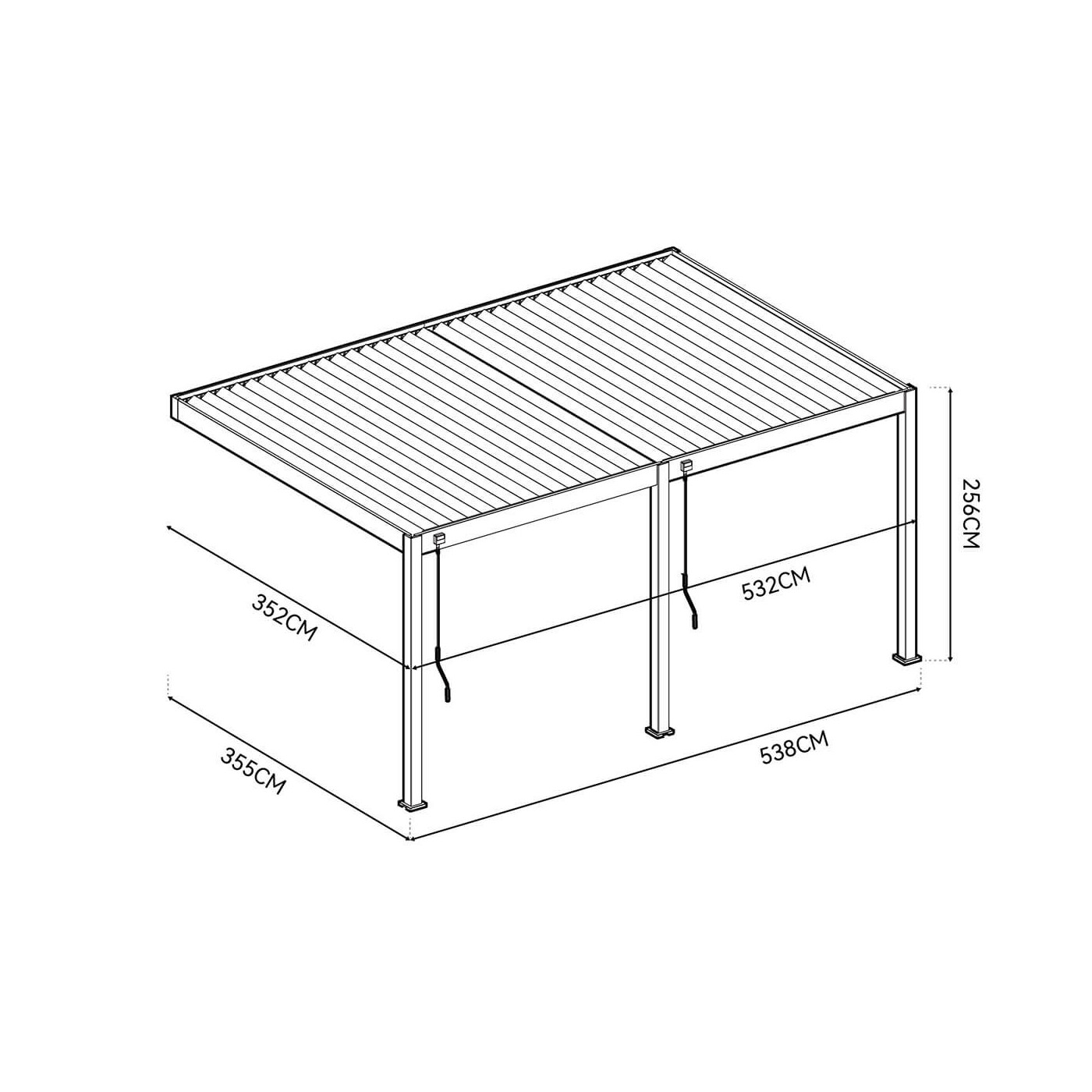 Ujęcie z lotu ptaka pergoli tarasowej DELUXE WALL 3.6x5.3 w kolorze antracytowym na białym tle.