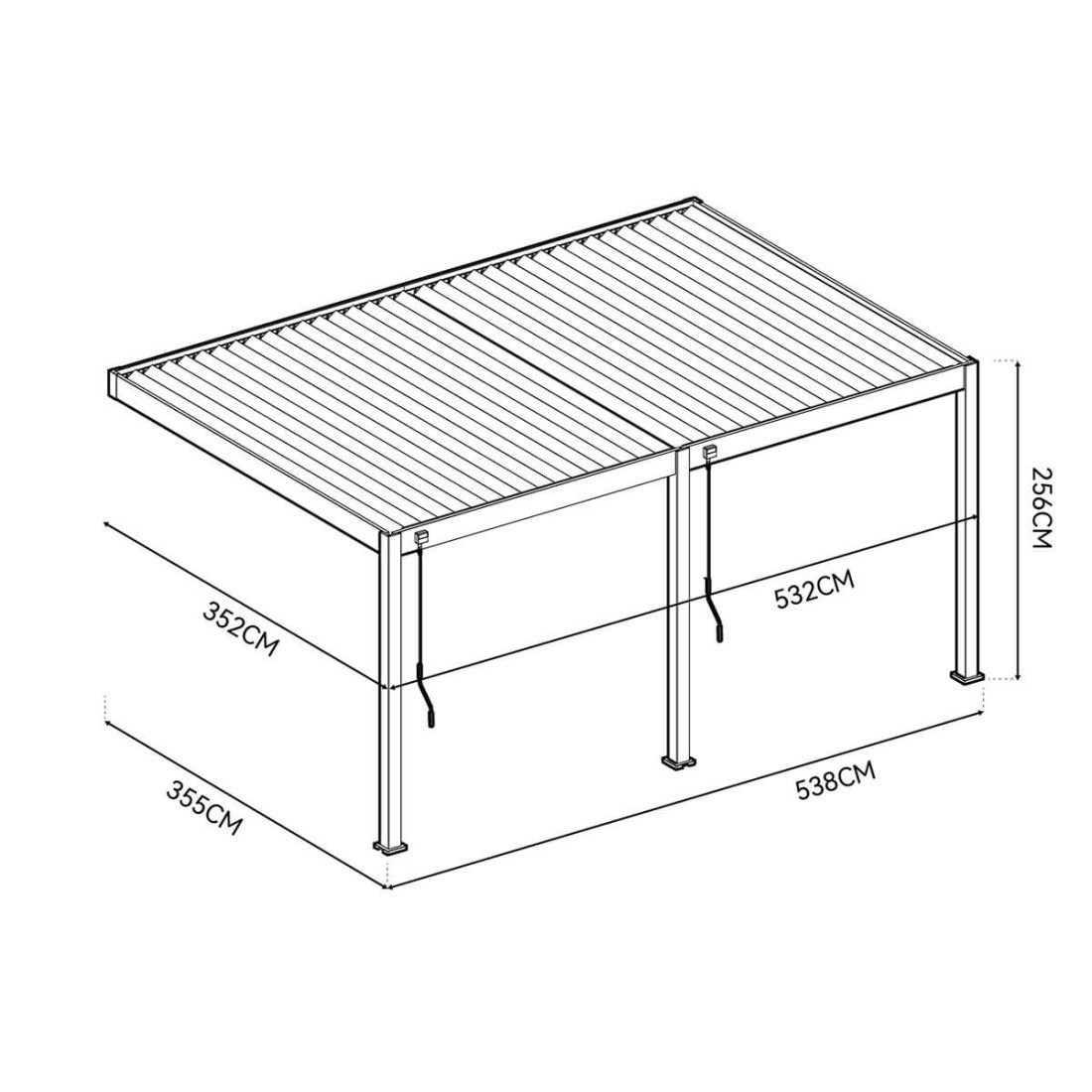 Ujęcie z lotu ptaka pergoli tarasowej DELUXE WALL 3.6x5.3 w kolorze antracytowym na białym tle.