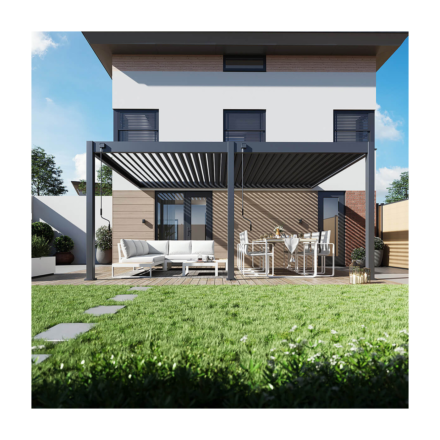 Wymiary pergoli tarasowej DELUXE WALL 3.6x5.3 w kolorze antracytowym przedstawione na schemacie technicznym.