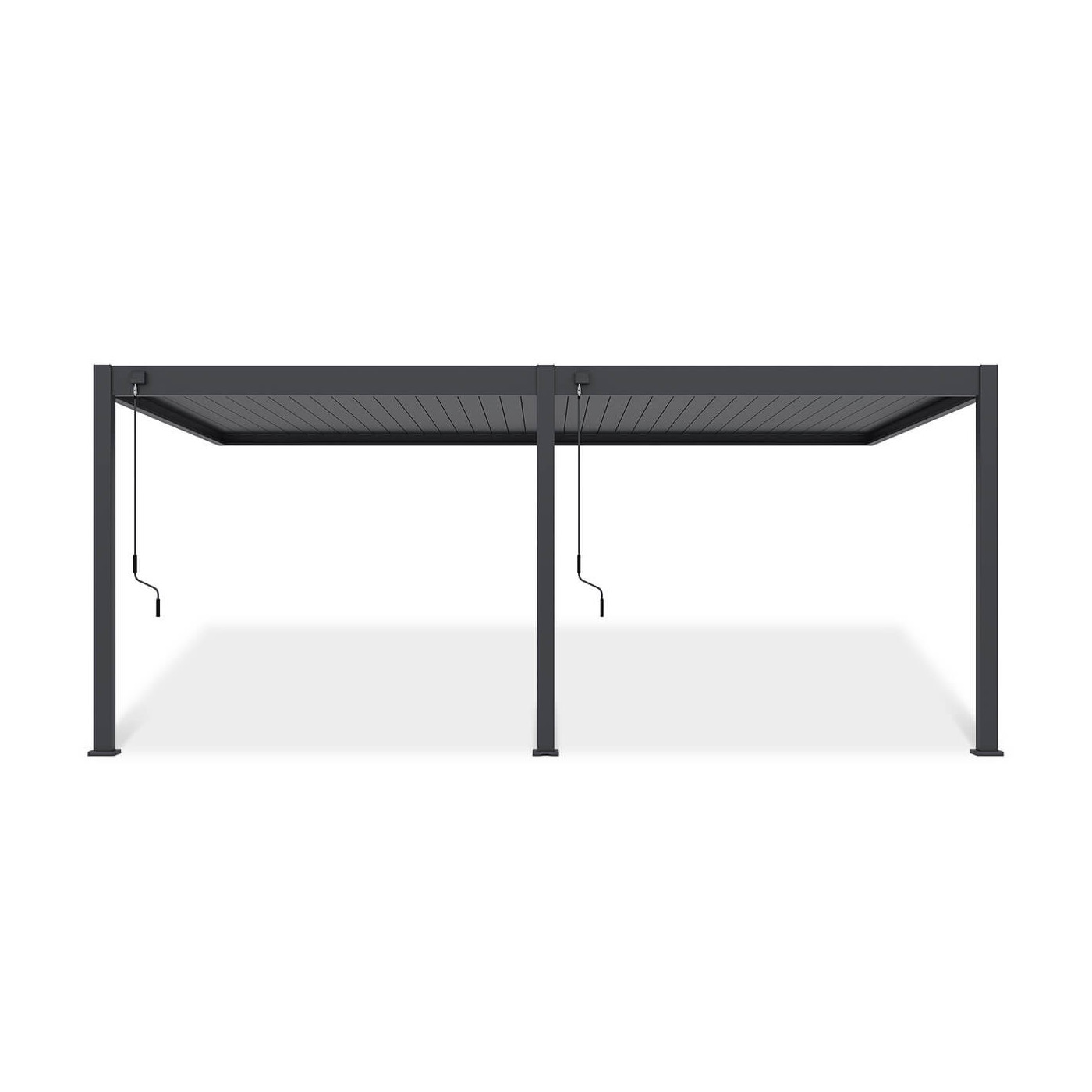 Pergola tarasowa DELUXE WALL 3.6x6 w kolorze antracytowym, z dodatkowymi panelami bocznymi, w aranżacji przy domu.