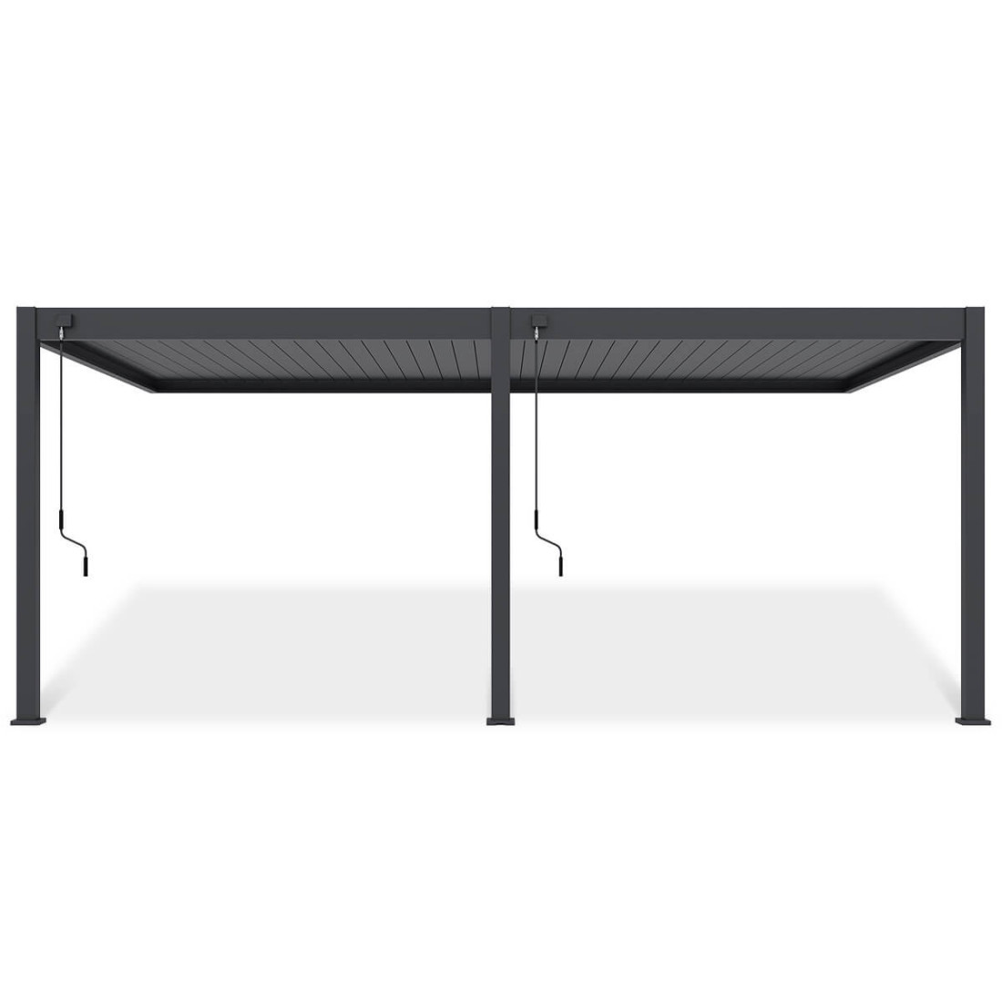 Pergola tarasowa DELUXE WALL 3.6x6 w kolorze antracytowym, z dodatkowymi panelami bocznymi, w aranżacji przy domu.