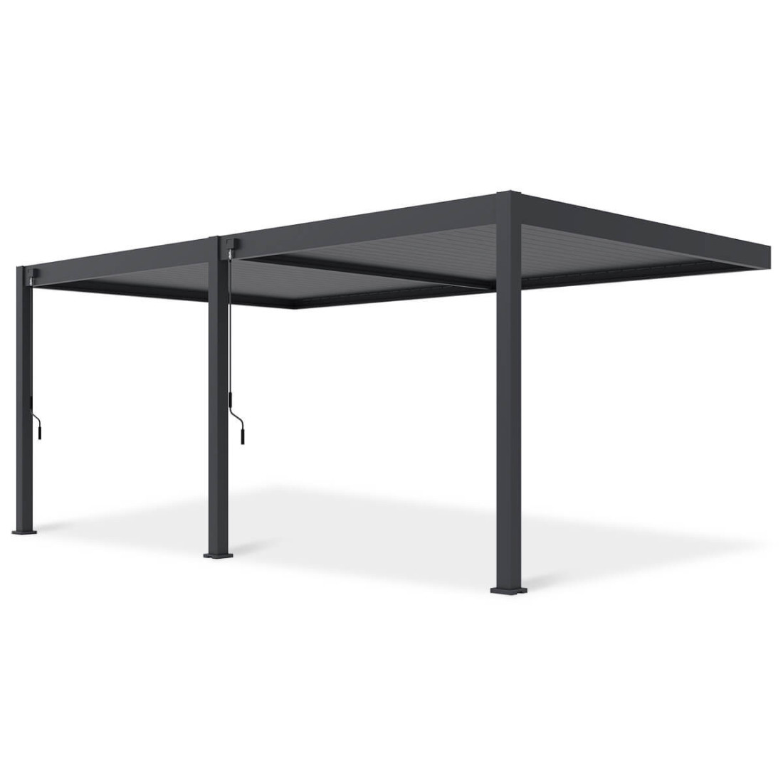 Frontowy widok pergoli tarasowej DELUXE WALL 3.6x6 w kolorze antracytowym na białym tle.