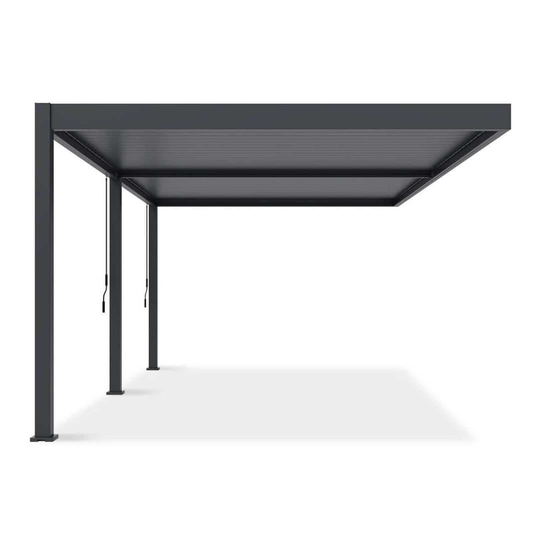 Widok boczny pergoli tarasowej DELUXE WALL 3.6x6 w kolorze antracytowym na białym tle.