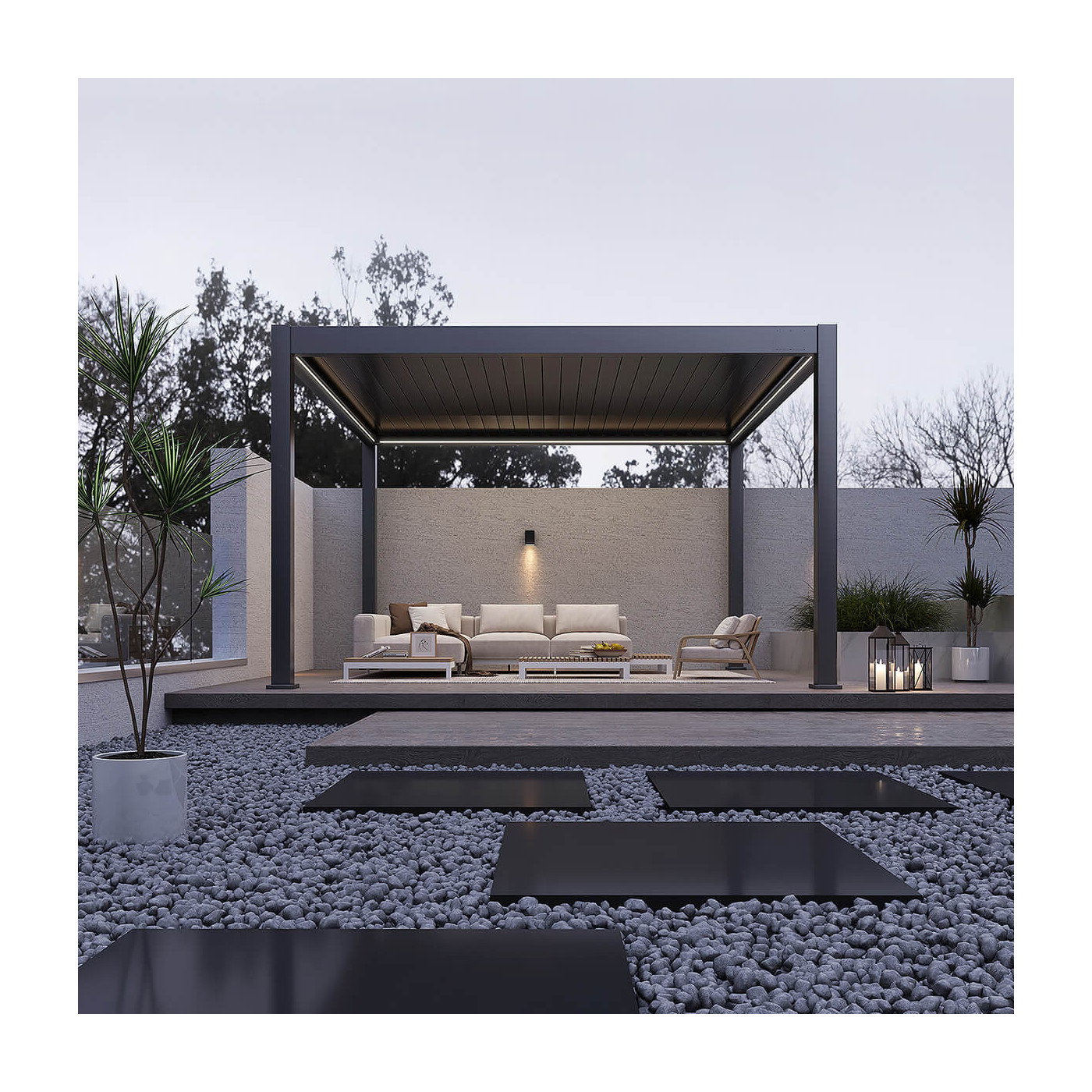 Pergola Deluxe Pro Automatic+LED 4x4 antracytowa w aranżacji tarasowej z meblami i dekoracjami.