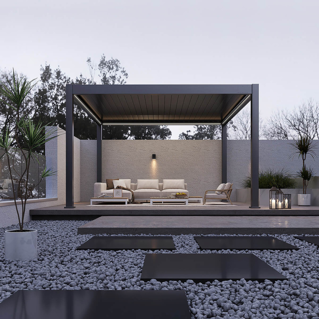 Pergola Deluxe Pro Automatic+LED 4x4 antracytowa w aranżacji tarasowej z meblami i dekoracjami.