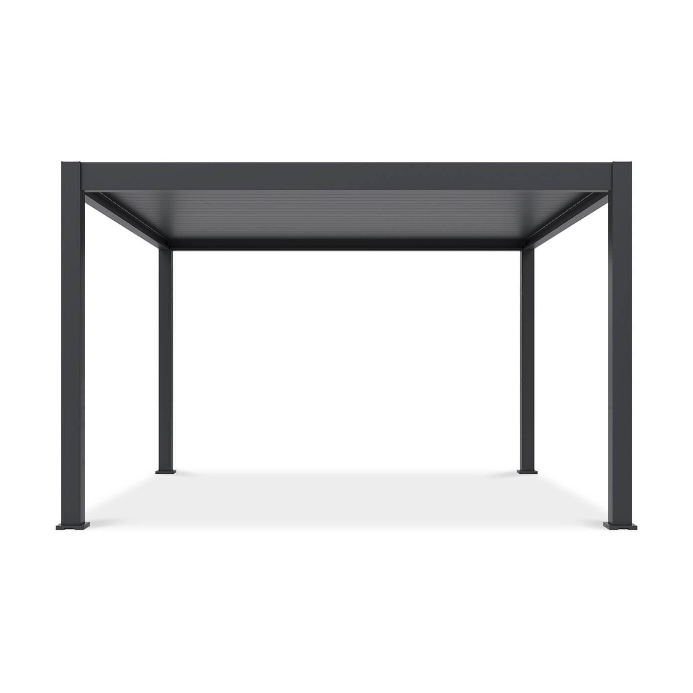 Pergola Deluxe Pro Automatic+LED 4x4 w aranżacji tarasowej z nastrojowym oświetleniem i kamiennym wykończeniem.