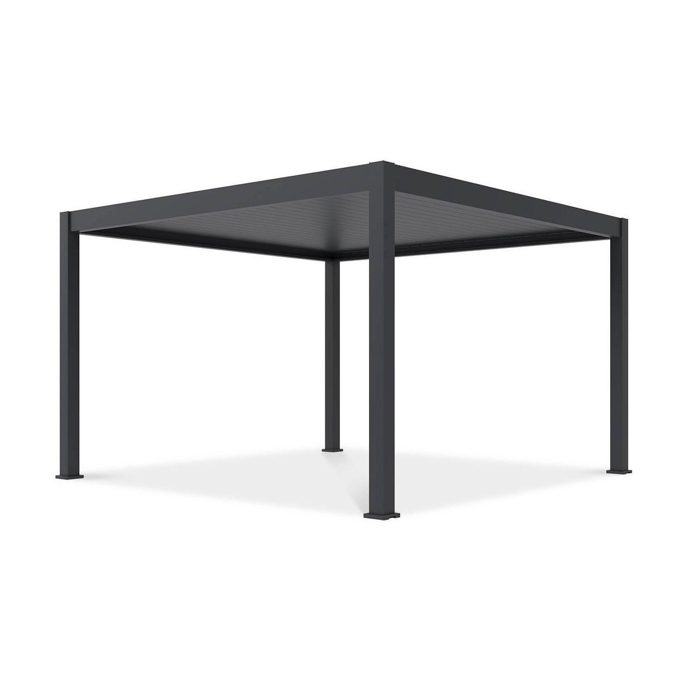 Front pergoli tarasowej Deluxe Pro Automatic+LED 4x4 w kolorze antracytowym na białym tle.