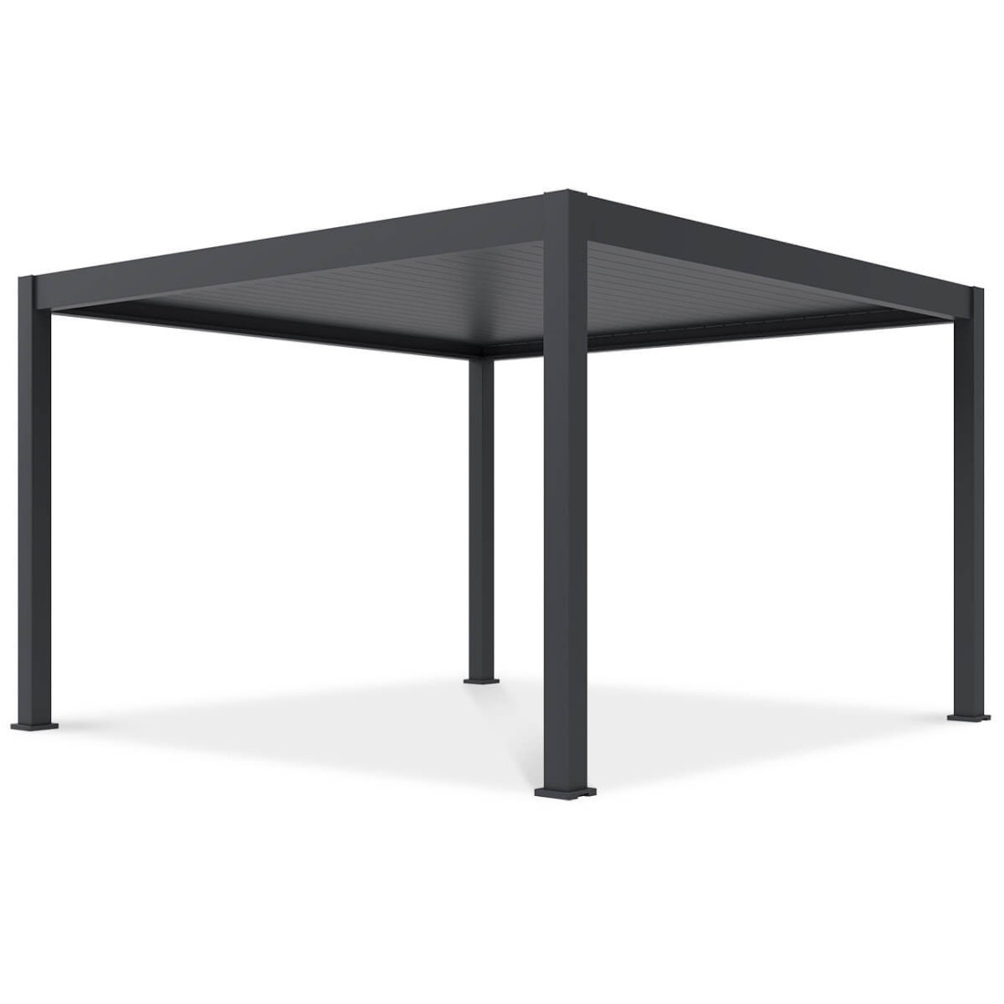 Front pergoli tarasowej Deluxe Pro Automatic+LED 4x4 w kolorze antracytowym na białym tle.