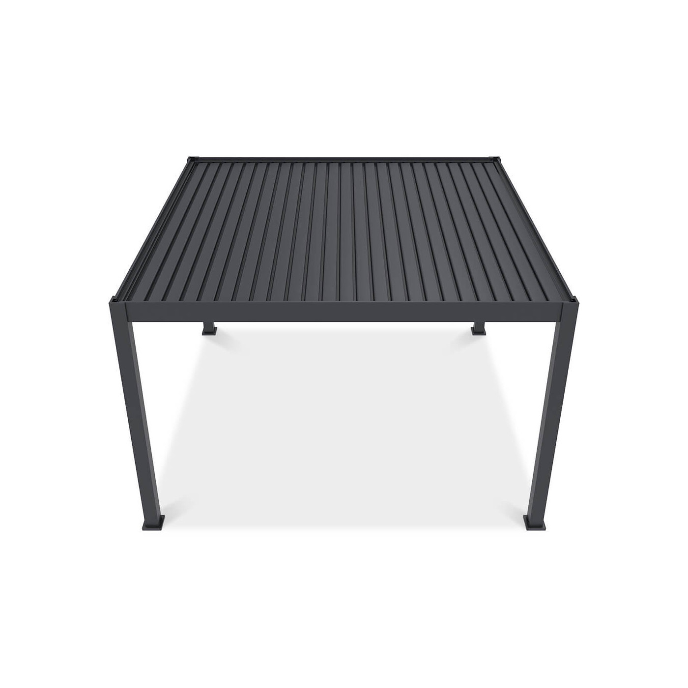 Widok boczny pergoli tarasowej Deluxe Pro Automatic+LED 4x4 w kolorze antracytowym na białym tle.