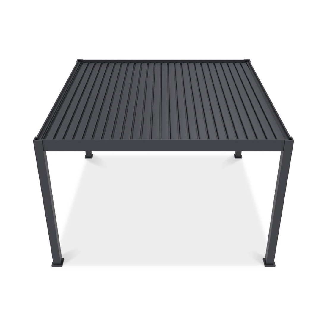 Widok boczny pergoli tarasowej Deluxe Pro Automatic+LED 4x4 w kolorze antracytowym na białym tle.