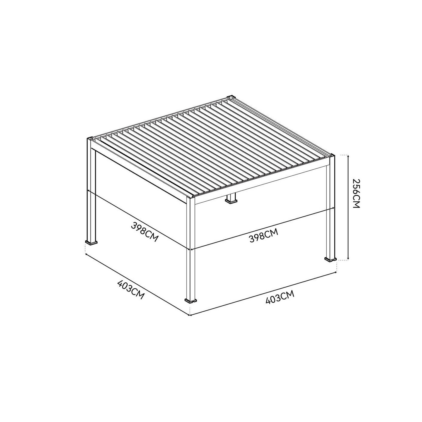 Widok z góry pergoli tarasowej Deluxe Pro Automatic+LED 4x4 w kolorze antracytowym na białym tle.