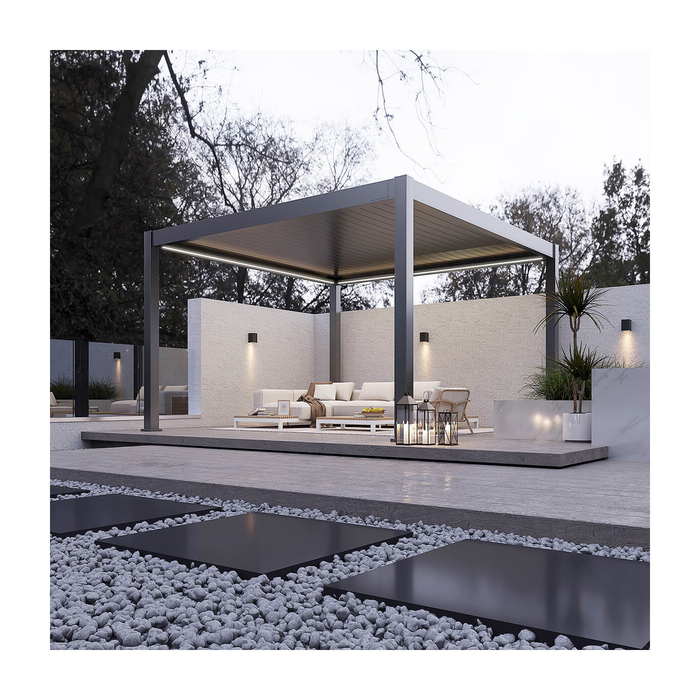 Rysunek techniczny pergoli tarasowej Deluxe Pro Automatic+LED 4x4 antracytowej z podanymi wymiarami.