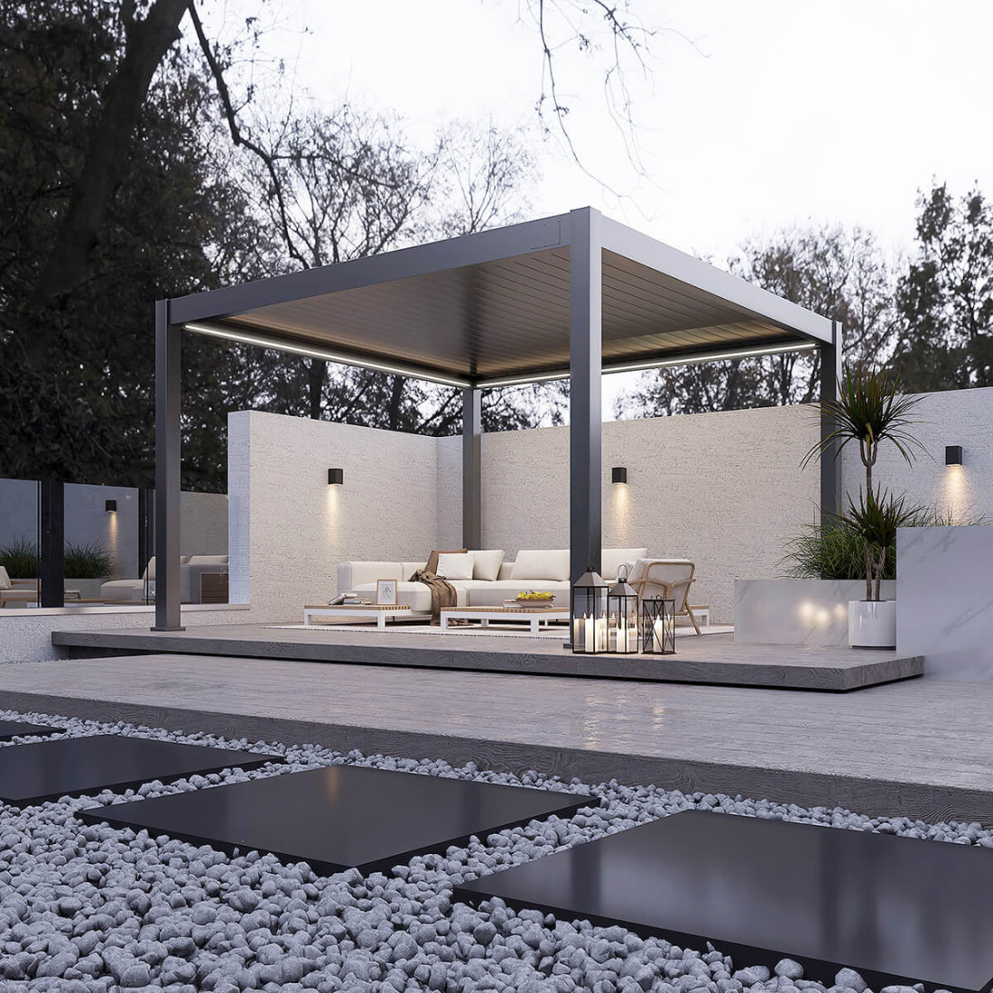 Rysunek techniczny pergoli tarasowej Deluxe Pro Automatic+LED 4x4 antracytowej z podanymi wymiarami.