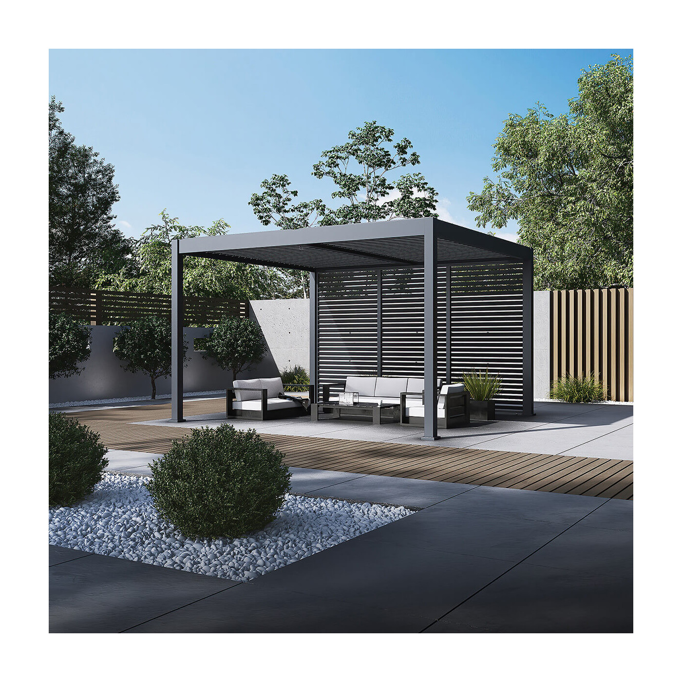 Pergola ELEGANCE DUO 3.6x4 w aranżacji ogrodu, otoczona roślinnością.