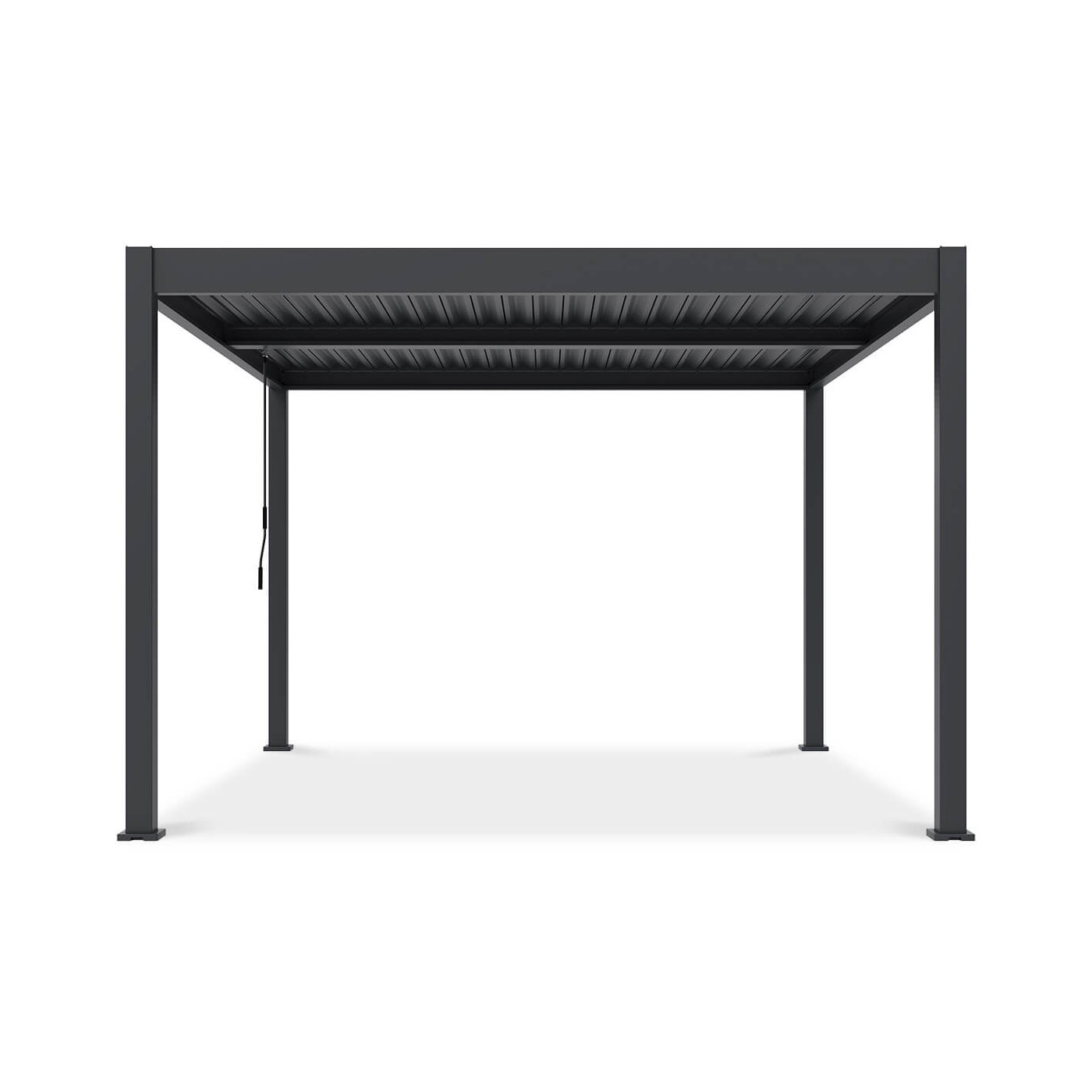 Pergola tarasowa ELEGANCE DUO 3.6x4 z panelami bocznymi, wkomponowana w ogrodową przestrzeń wypoczynkową.