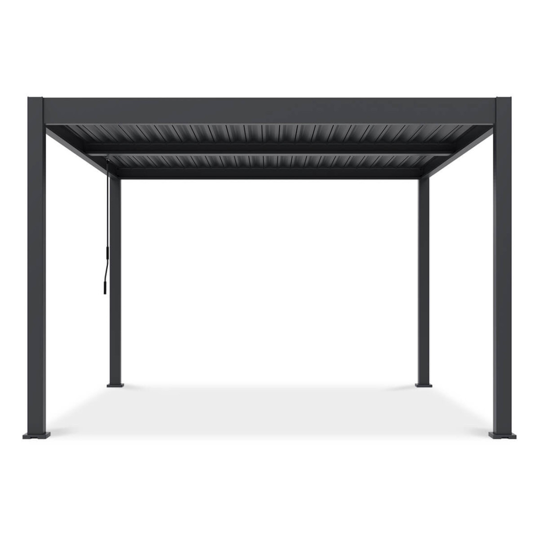 Pergola tarasowa ELEGANCE DUO 3.6x4 z panelami bocznymi, wkomponowana w ogrodową przestrzeń wypoczynkową.