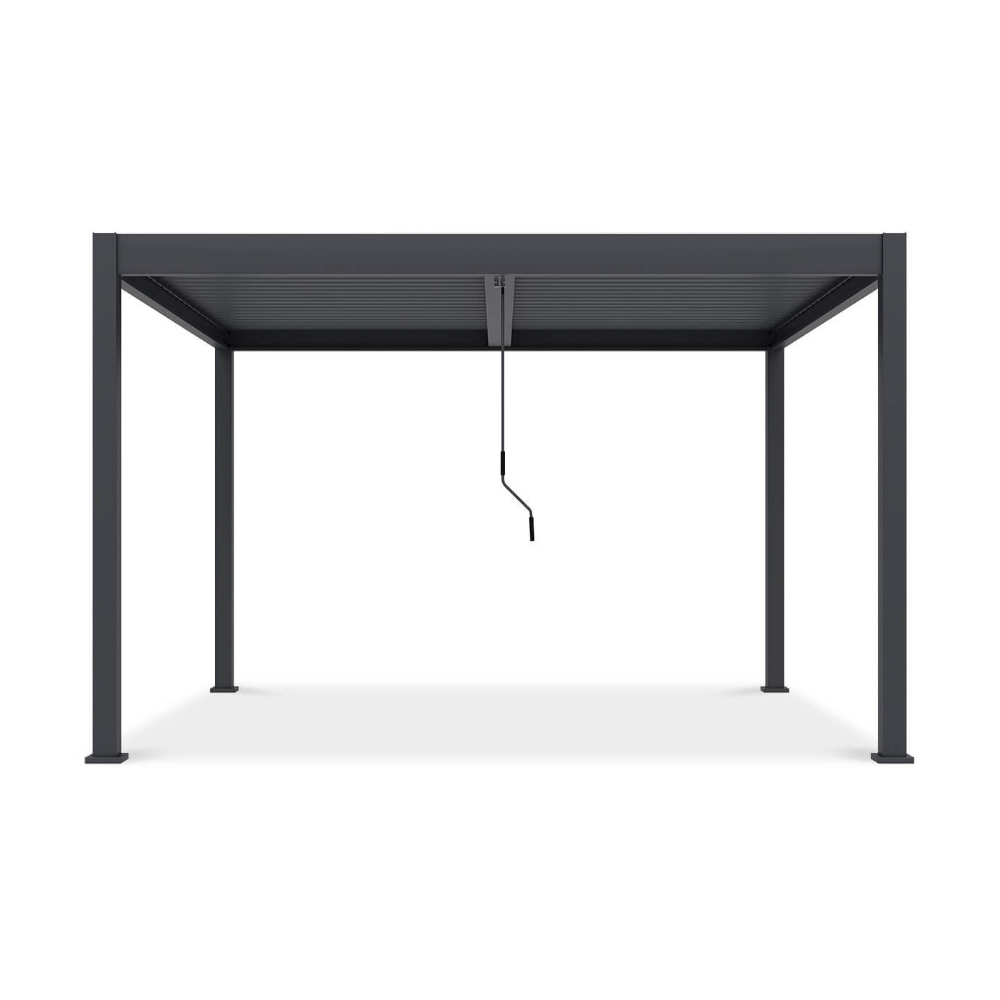 Widok z boku pergoli tarasowej ELEGANCE DUO 3.6x4 w kolorze antracytowym na białym tle.