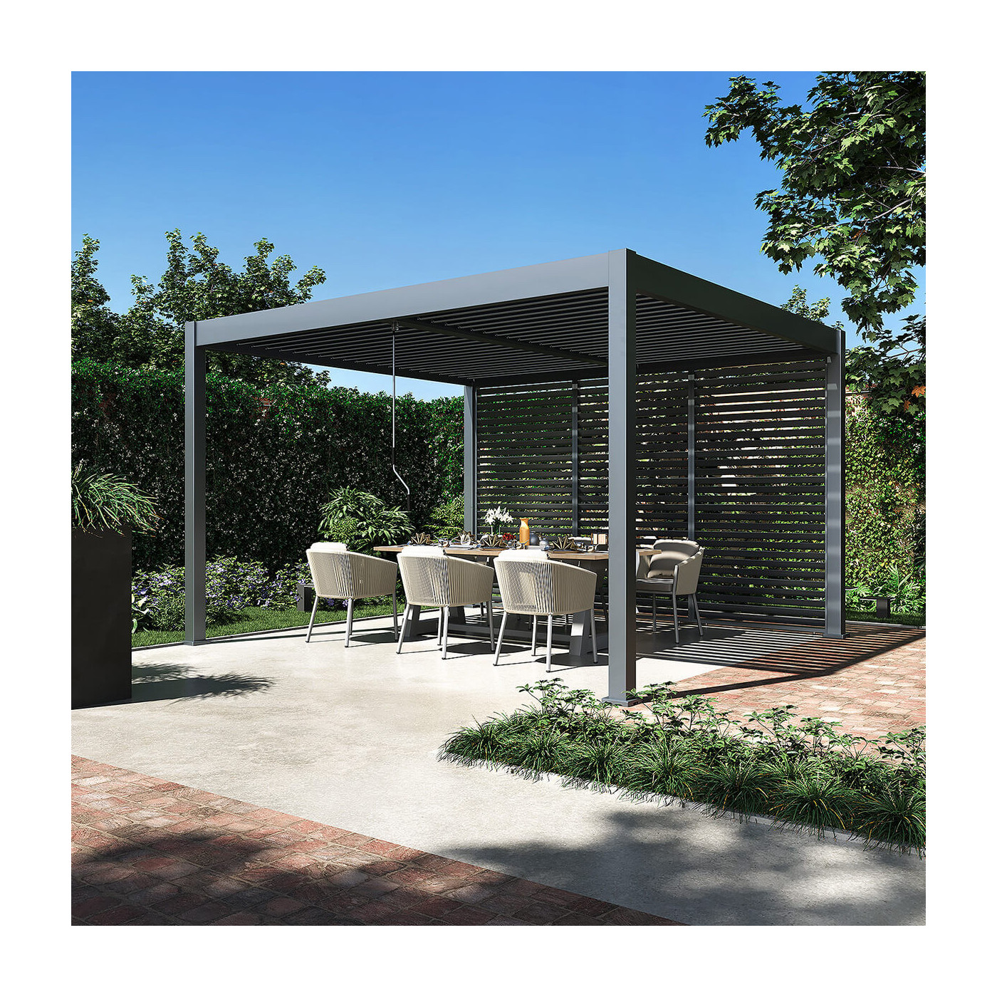 Schemat techniczny z wymiarami pergoli tarasowej ELEGANCE DUO 3.6x4 w kolorze antracytowym.