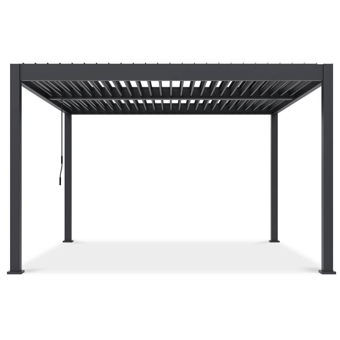 widok boczny pergoli tarasowej Elegance Duo 4x4 w aranżacji ogrodu