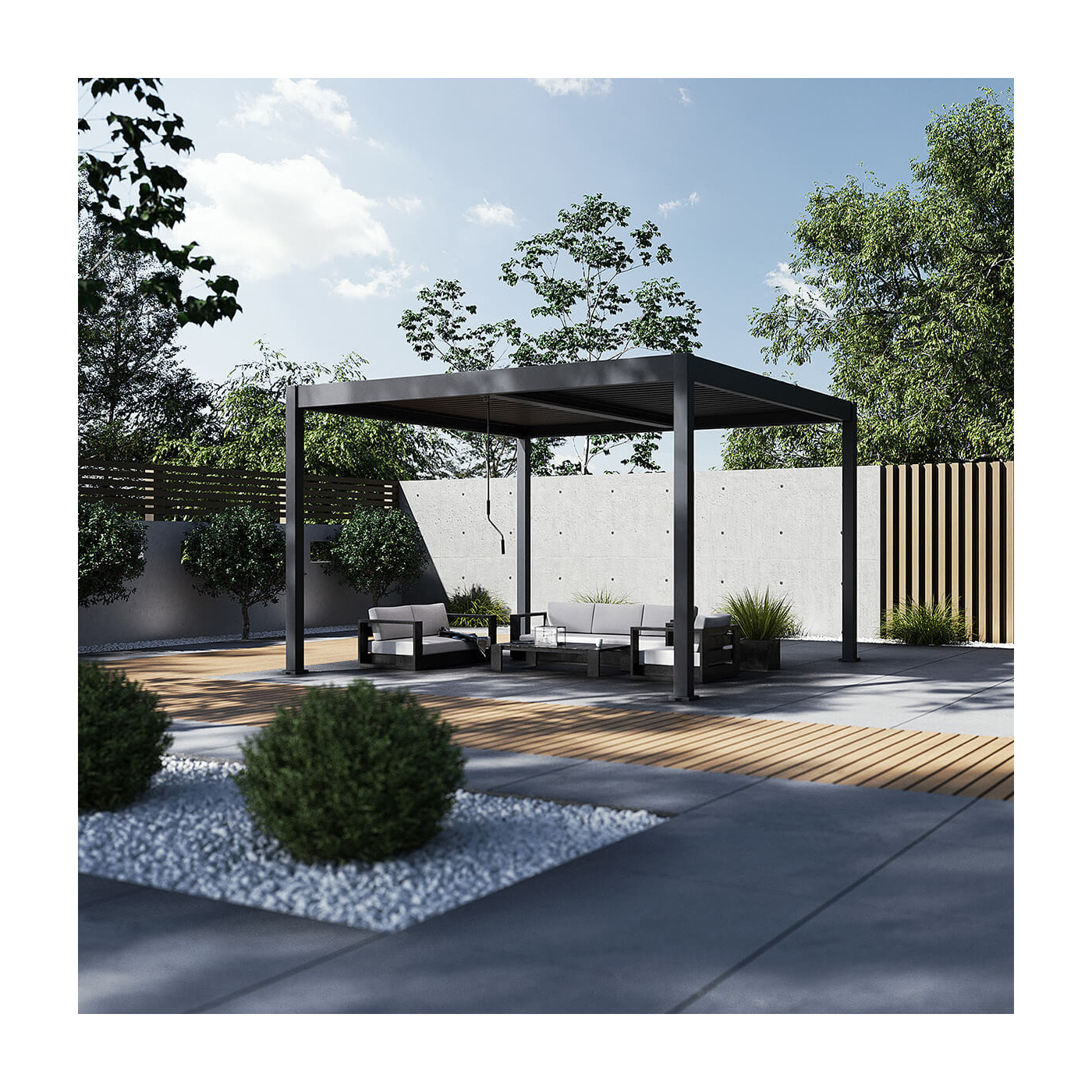 schemat z wymiarami pergoli tarasowej Elegance Duo 4x4 w kolorze antracytowym na białym tle