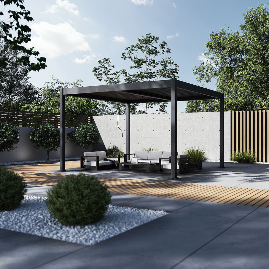 schemat z wymiarami pergoli tarasowej Elegance Duo 4x4 w kolorze antracytowym na białym tle