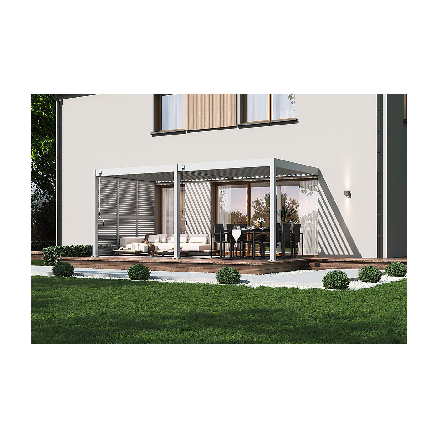 Elegance/Deluxe/Fusion panel żaluzjowy poziomy regulowany, 1.2 m, biały, zamontowany na pergoli przed domem