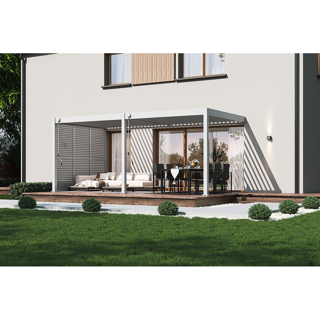 Elegance/Deluxe/Fusion panel żaluzjowy poziomy regulowany, 1.2 m, biały, zamontowany na pergoli przed domem