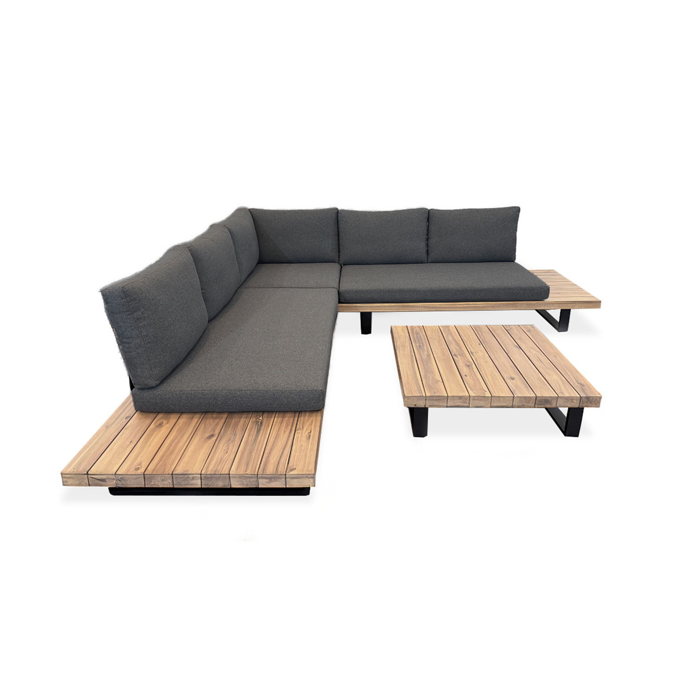 bok narożnika ogrodowego z szarymi podszukami i drewnianymi akcentami oslo caffe