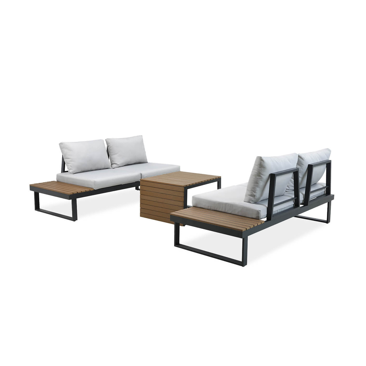 narożnik na ogród z aluminium pasadena ułożony jako dwie sofy i stolik kawowy