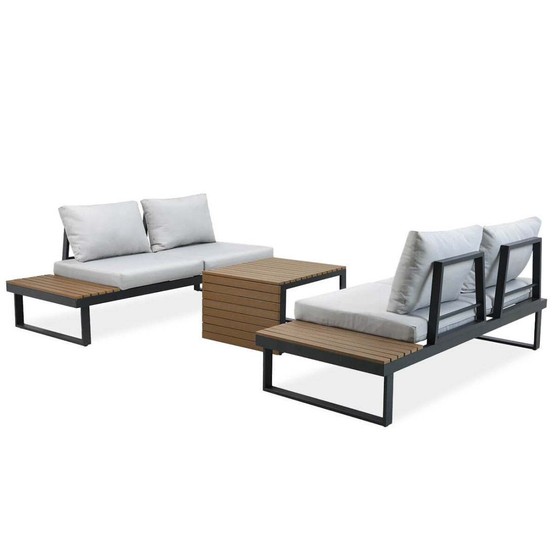 narożnik na ogród z aluminium pasadena ułożony jako dwie sofy i stolik kawowy