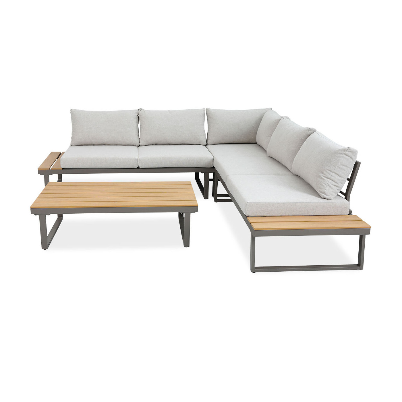 bok narożnika emerson z beżowymi poduszkami i zdobieniami w stylu polywood