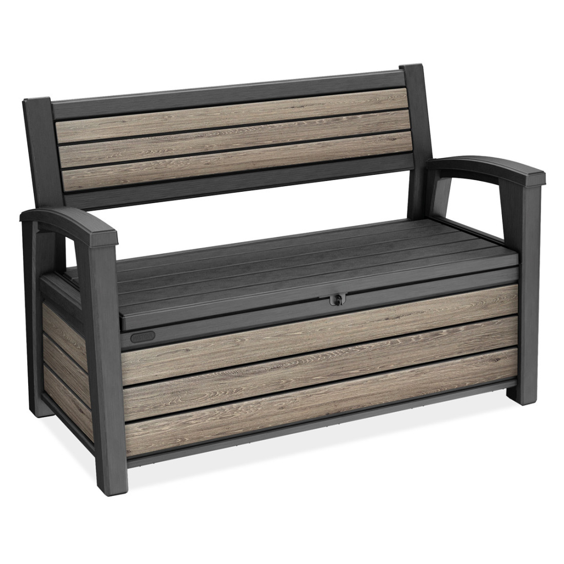 Brązowa, elegancka skrzynia do ogrodu , która wygląda jak ławka ogrodowa z pojemnym schowkiem 