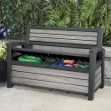 Pojemna, szara skrzynia do ogrodu pełniąca funkcję ławki do ogrodu