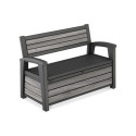 Funkcjonalna, szara ławka ogrodowa z skrzynią do przechowywania akcesoriów ogrodowych