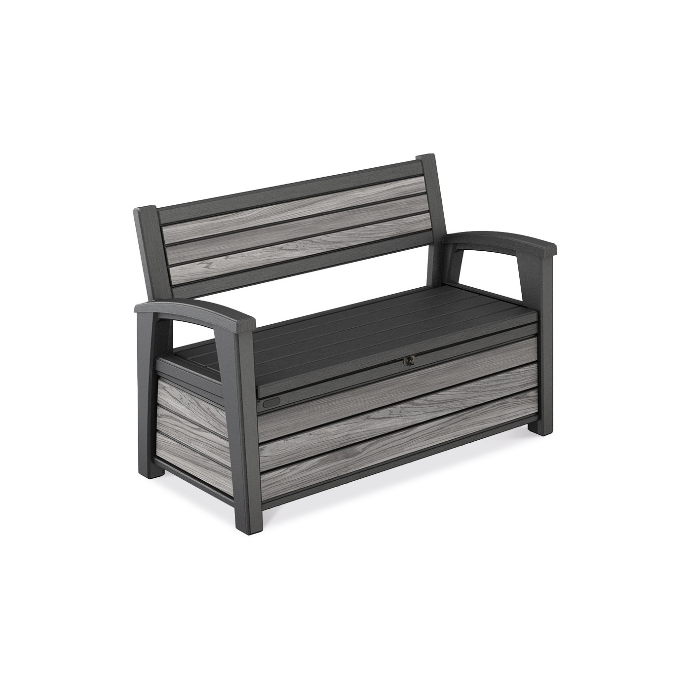 Funkcjonalna, szara ławka ogrodowa z skrzynią do przechowywania akcesoriów ogrodowych
