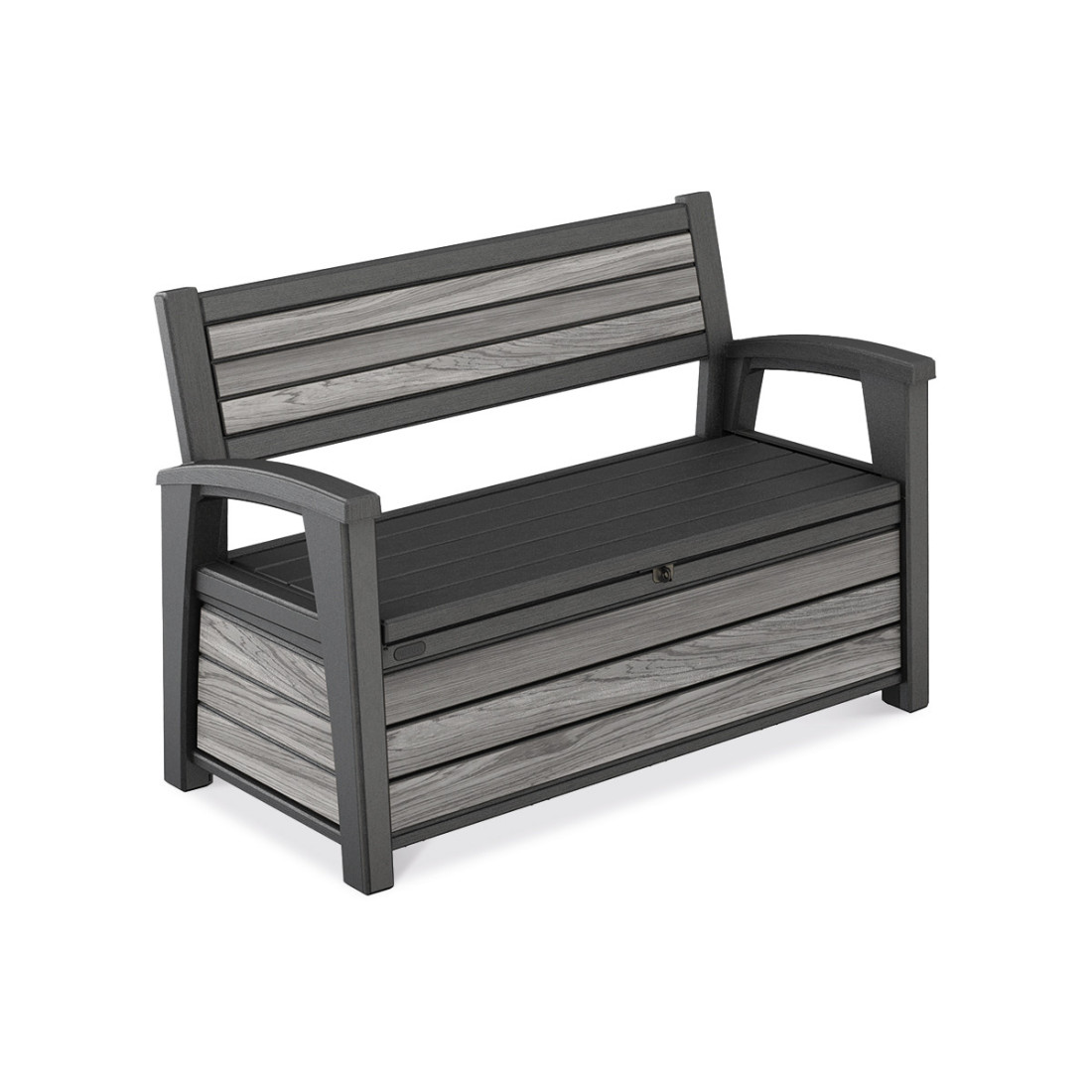 Funkcjonalna, szara ławka ogrodowa z skrzynią do przechowywania akcesoriów ogrodowych