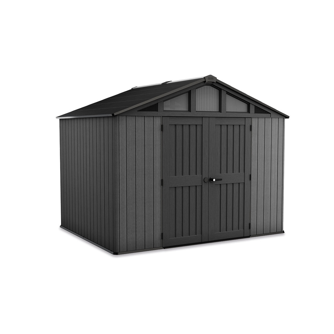 Szary domek narzędziowy z tworzywa keter strongshod shed, rozmiar 305 x 243 x 251cm