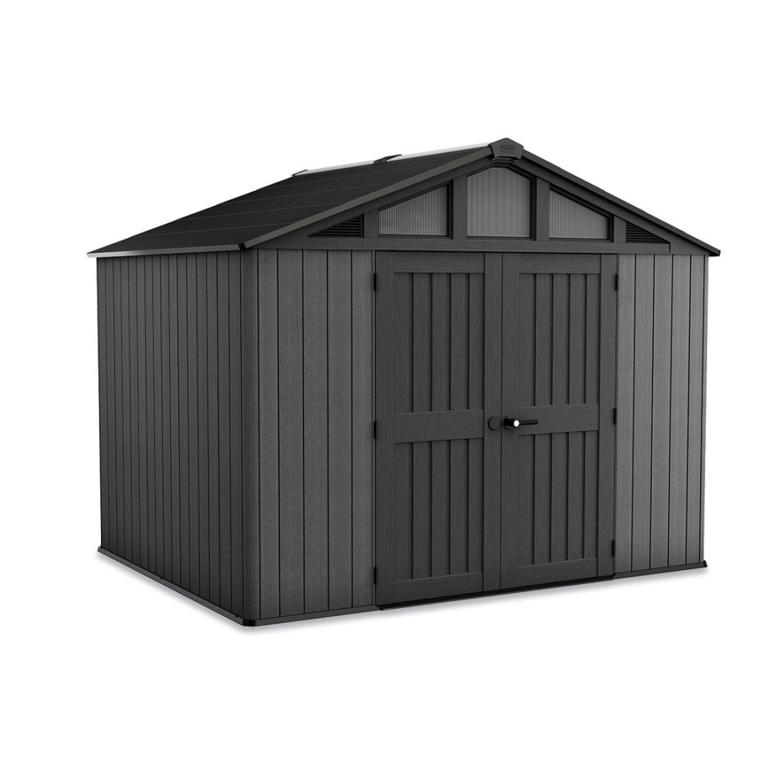 Szary domek narzędziowy z tworzywa keter strongshod shed, rozmiar 305 x 243 x 251cm