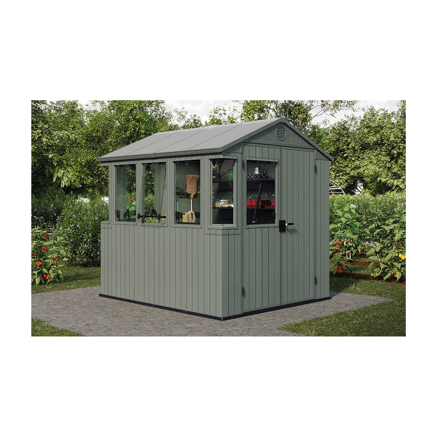 Aranżacja zielonego domku narzędziowego z szklarnią potting shed 6x8