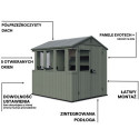 Rysunek z zaletyami domku narzędziowego ze szklarnią 2w1 potting shed keter