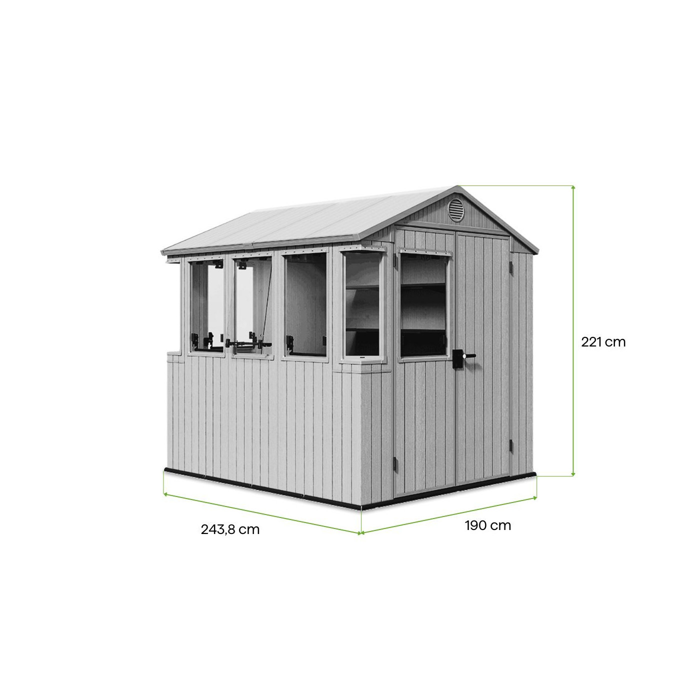 Wnętrze domku z szklarnią potting shed 6x8